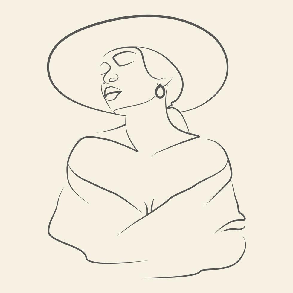 femme africaine en illustration de dessin au trait chapeau. les femmes modernes minimalistes font face à des dessins au trait continu. art carré vectoriel