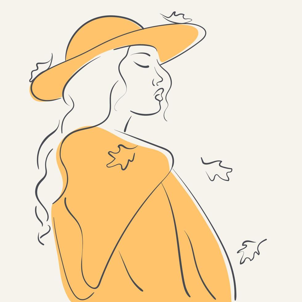 jolie fille en manteau jaune et chapeau à la chute des feuilles. modèle de carte de doodle d'art solitaire d'automne. feuilles élégantes septembre fond saisonnier. vecteur