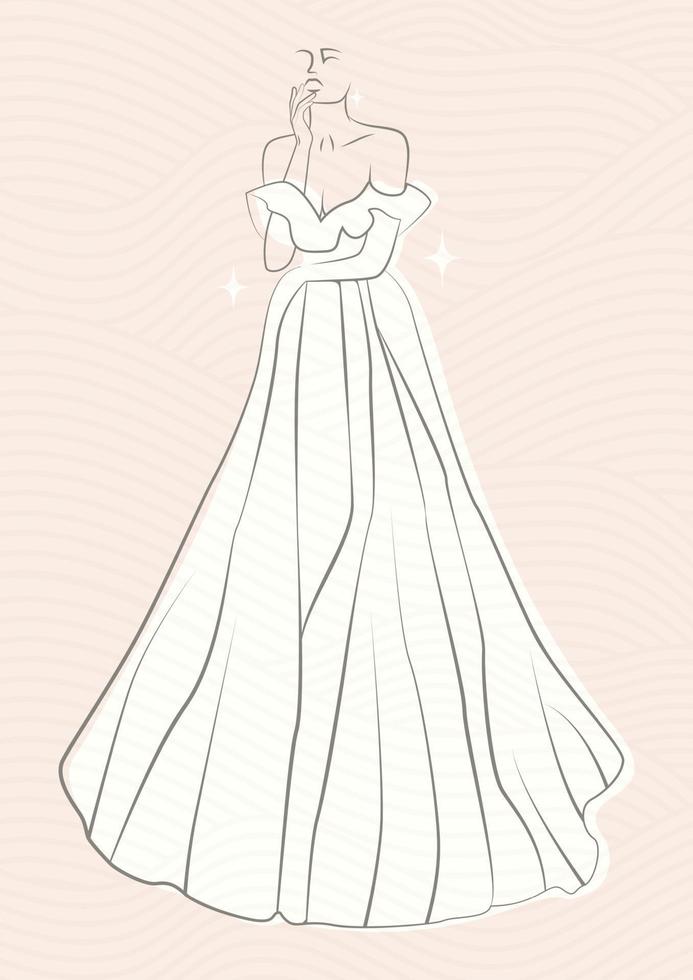 mariée linéaire en belle robe longue. croquis logo silhouette de femme, dessin au trait pour invitation ou bannière. dessin vectoriel. vecteur