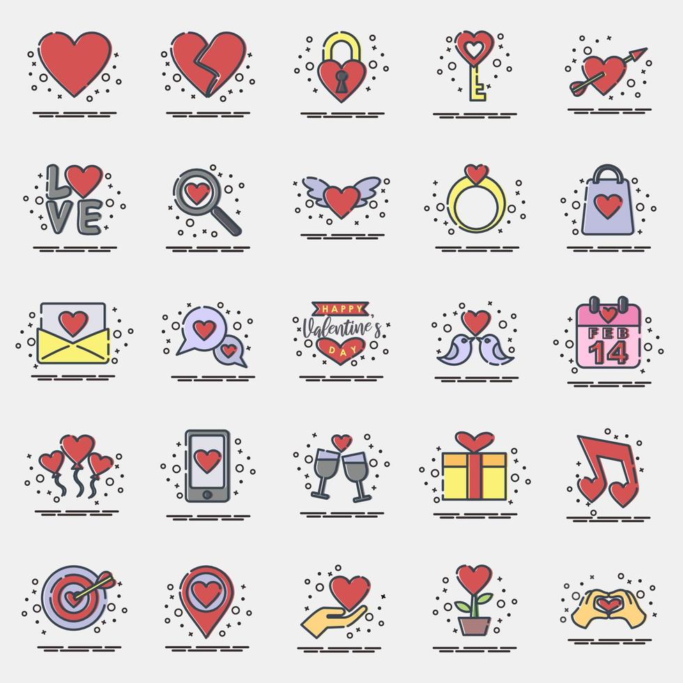 jeu d'icônes de la Saint-Valentin. éléments de célébration de la saint-valentin. icônes de style mbe. bon pour les impressions, les affiches, le logo, la décoration de fête, la carte de voeux, etc. vecteur