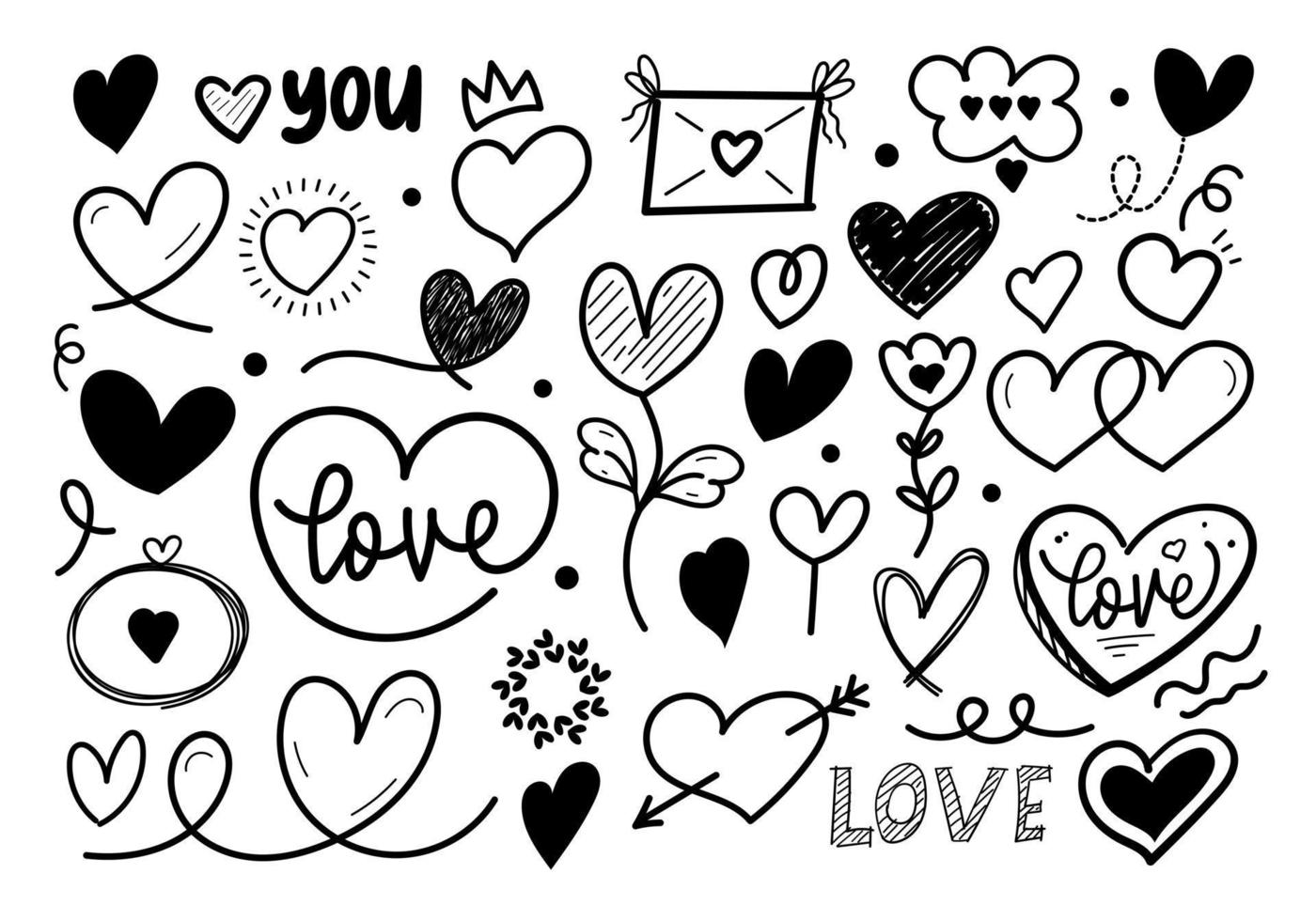 coeurs coeurs dessinés à la main amour saint valentin doodle gribouillis dessin au trait noir croquis icône ensemble illustration vectorielle vecteur
