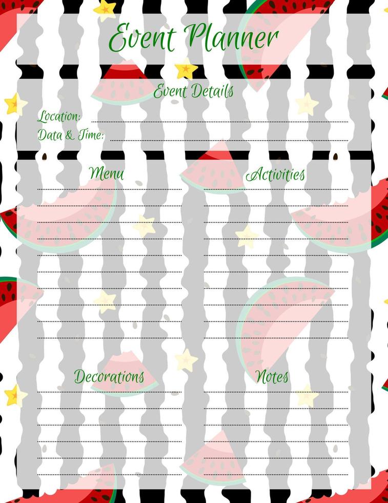 modèle de planificateur d'événements. conception de page de bloc-notes avec motif d'été lumineux avec des pastèques. illustration vectorielle vecteur