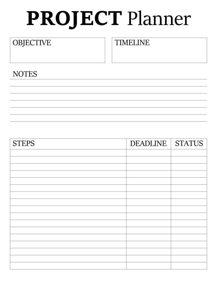 modèle de planificateur de projet. une conception concise pour une page de bloc-notes d'entreprise. organisateur d'entreprise. calendrier du projet. format lettre. illustration vectorielle vecteur