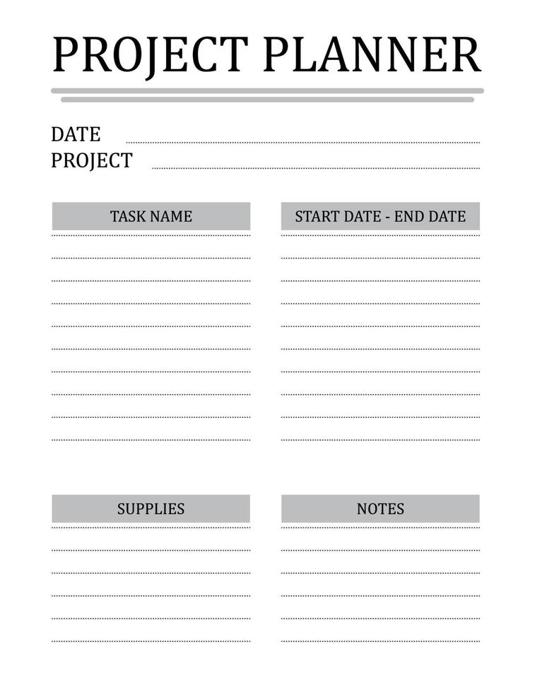 modèle de planificateur de projet. une conception concise pour une page de bloc-notes d'entreprise. organisateur d'entreprise. calendrier du projet. format lettre. illustration vectorielle vecteur