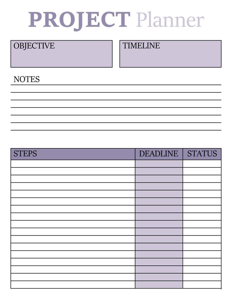 modèle de planificateur de projet. une conception concise pour une page de bloc-notes d'entreprise. organisateur d'entreprise. calendrier du projet. format lettre. illustration vectorielle vecteur