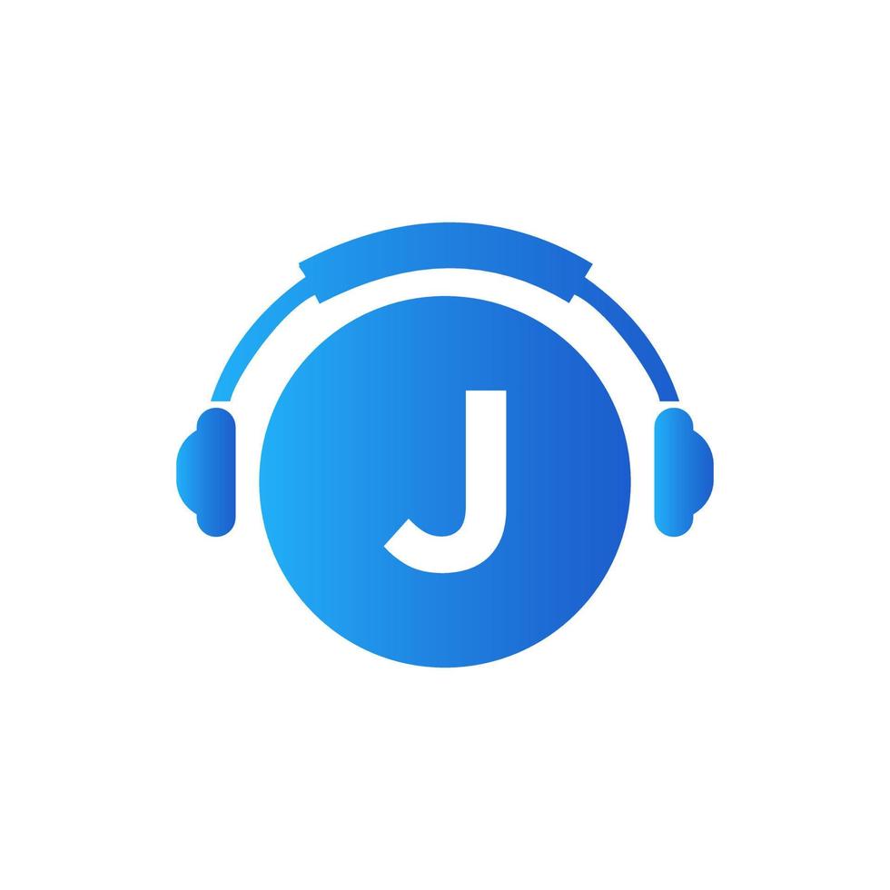 création de logo de musique lettre j. conception de casque de conception de logo de musique et de podcast dj vecteur