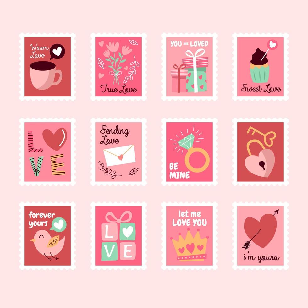 jolie collection d'autocollants de timbres de la saint-valentin vecteur