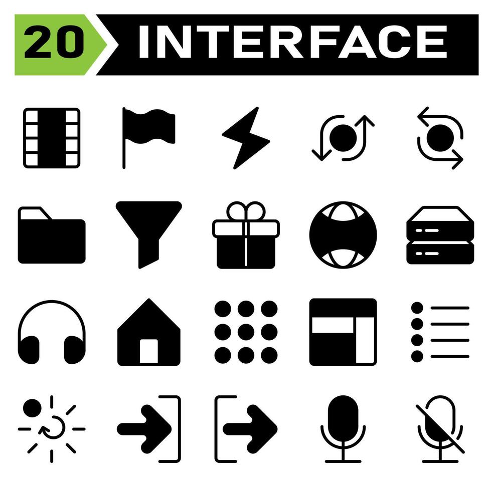 l'ensemble d'icônes de l'interface utilisateur comprend le film, le film, le film en rouleau, la vidéo, le cinéma, le drapeau, le symbole, le pays, le pays, le signe, le flash, la foudre, le tonnerre, la lumière, le retournement, le mélange, la répétition, la flèche, les flèches, le dossier, le papier vecteur