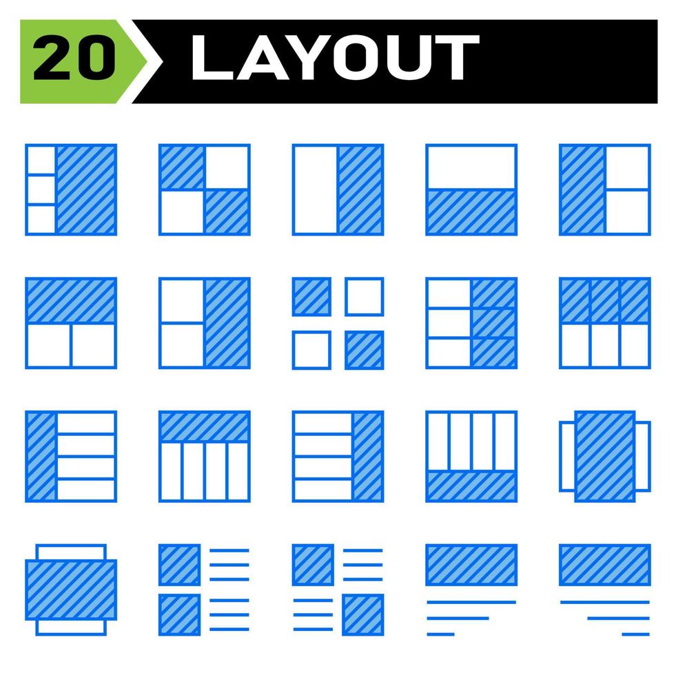 l'ensemble d'icônes de mise en page comprend la mise en page, la grille, le tableau de bord, l'interface, l'interface utilisateur, l'alignement, le modèle, la conception, l'écorcheur, le graphique, la couverture, l'affiche, le vecteur, la bannière, la création, le concept, la brochure, le résumé, le moderne, le bus vecteur