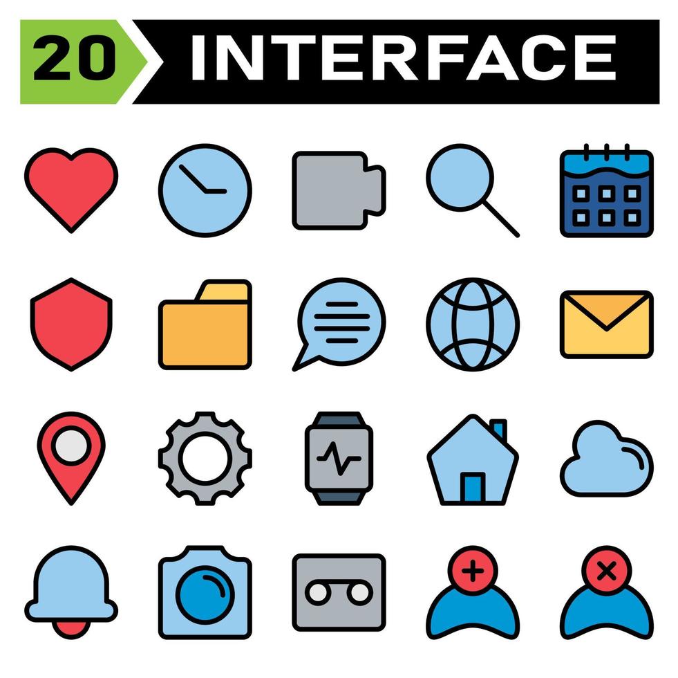 l'ensemble d'icônes de l'interface utilisateur comprend l'amour, le cœur, les favoris, comme, l'interface utilisateur, l'horloge, l'heure, l'heure, le chronomètre, le film, la vidéo, la lecture, le multimédia, la recherche, la recherche, le zoom, le calendrier, la date, le calendrier, le bouclier vecteur