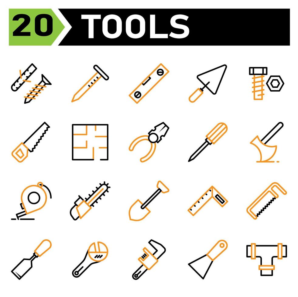 l'ensemble d'icônes de construction d'outils comprend la vis, l'autotaraudage, le boulon, l'auto-fixation, la construction, le clou, les outils, le charpentier, le bâtiment, le passage d'eau, le niveau, la pelle, la truelle, le ciment, l'équipement, le travail, l'audacieux, l'outil, la scie vecteur