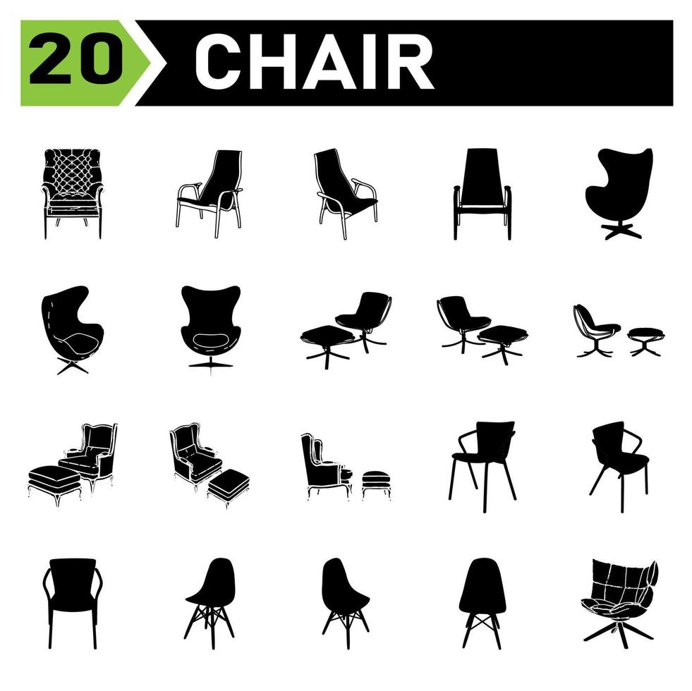 l'ensemble d'icônes de chaise comprend chaise, bureau, moderne, fauteuil, meubles, intérieur, ensemble, vecteur, isolé, maison, collection, blanc, siège, confortable, dactylographie, maison, s'asseoir, conception, entreprise, chambre, icône vecteur