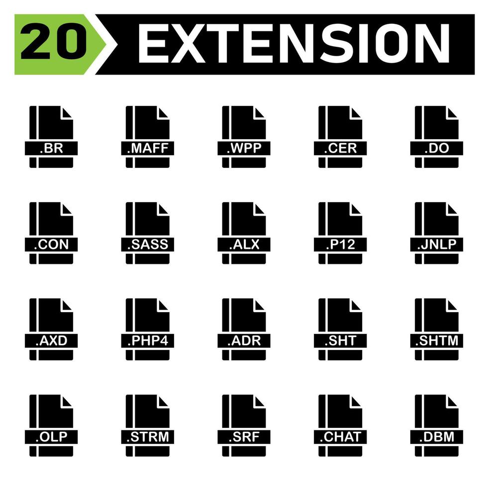 l'ensemble d'icônes d'extension de fichier comprend br, maff, wpp, cer, do, con, sass, alx, p12, jnlp, axd, php4, adr, sht, shtm, olp, strm, srf, chat, dbm, fichier, document, extension , icône, type, ensemble, format, vecteur