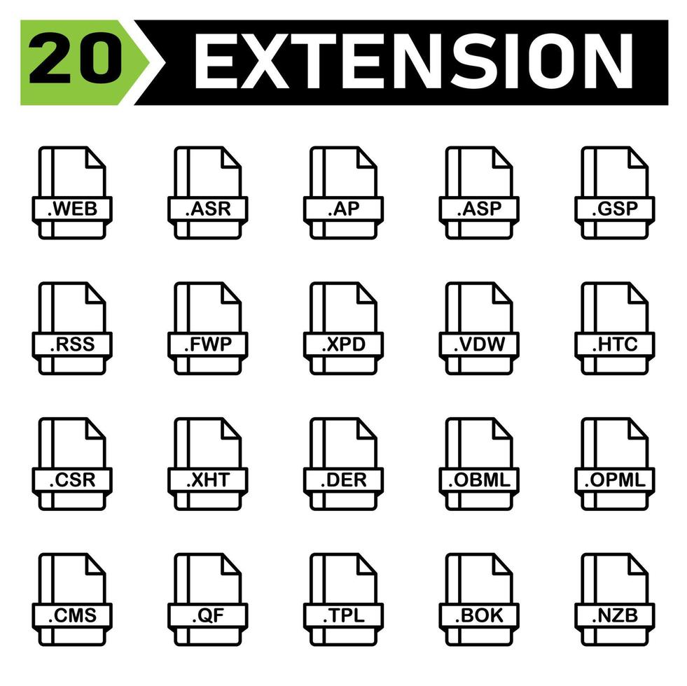 l'ensemble d'icônes d'extension de fichier comprend web, asr, ap, asp, gsp, rss, fwp, xpd, vdw, htc, csr, xht, der, obml, opml, cms, qf, tpl, bok, nzb, fichier, document, extension , icône, type, ensemble, format, vecteur, symbole vecteur