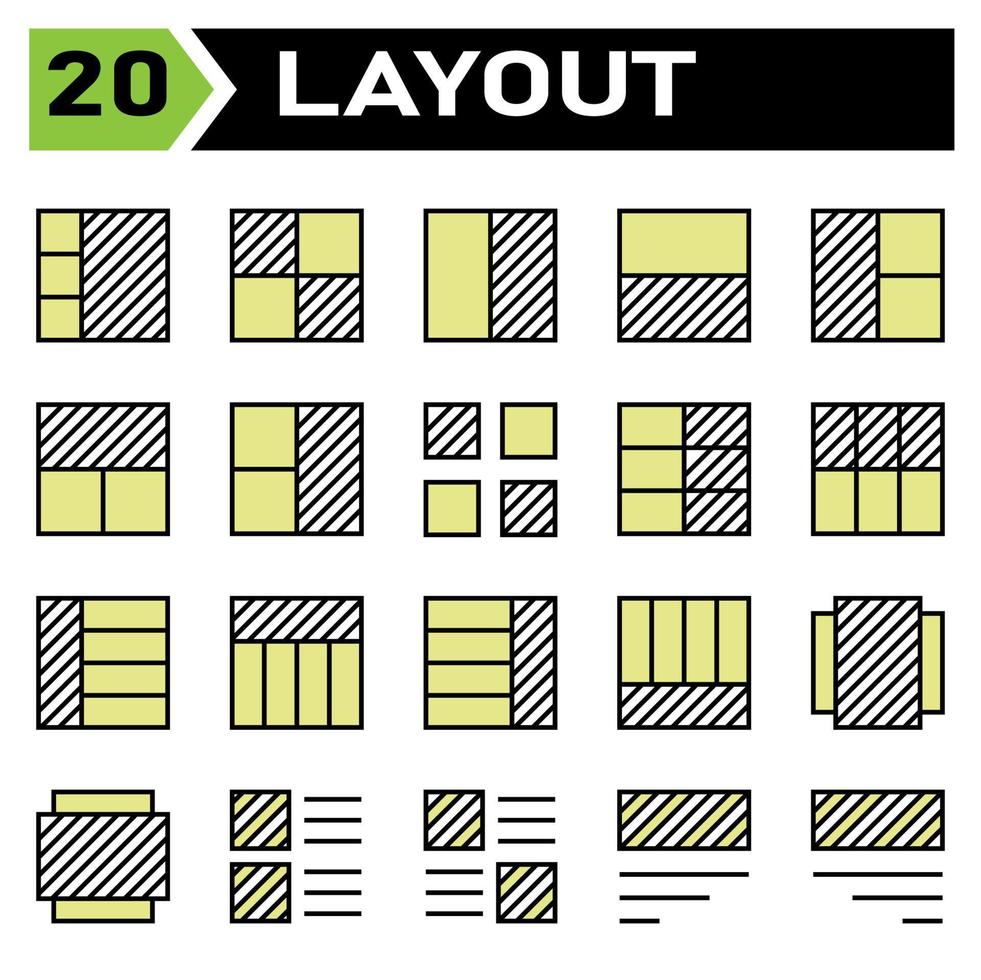 l'ensemble d'icônes de mise en page comprend la mise en page, la grille, le tableau de bord, l'interface, l'interface utilisateur, l'alignement, le modèle, la conception, l'écorcheur, le graphique, la couverture, l'affiche, le vecteur, la bannière, la création, le concept, la brochure, le résumé, le moderne, le bus vecteur