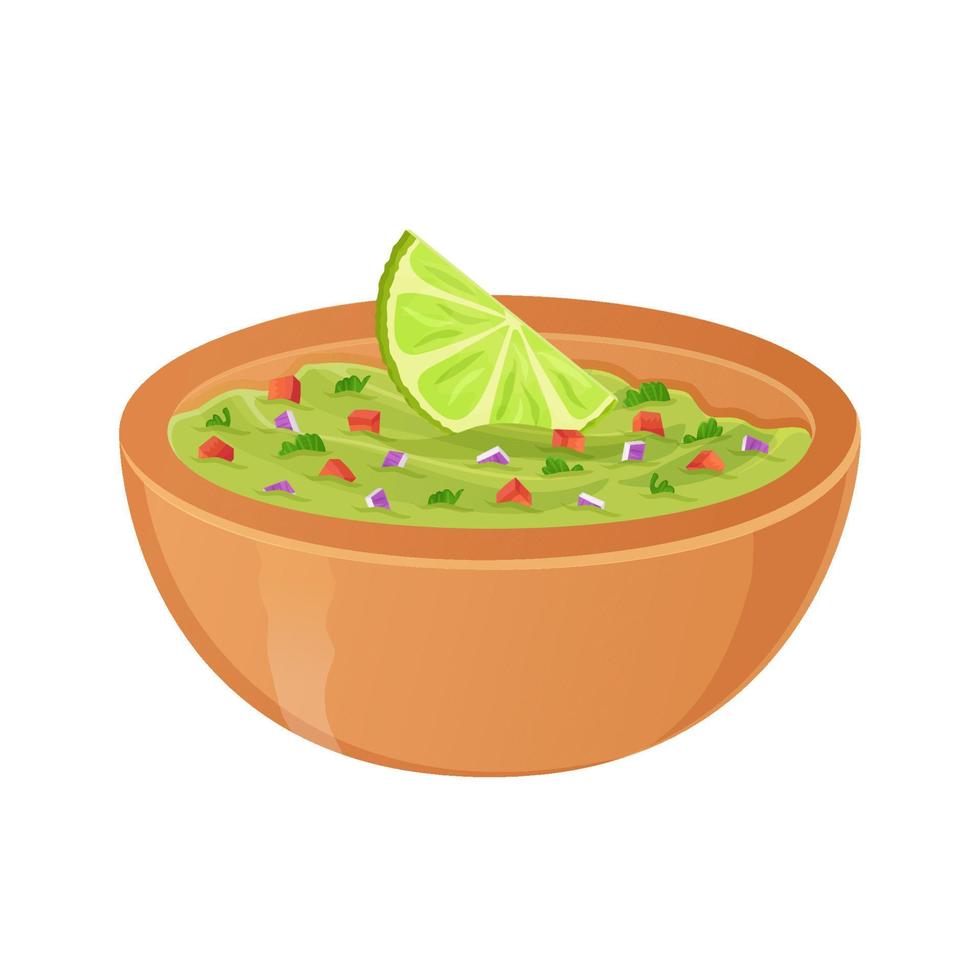 sauce mexicaine traditionnelle guacamole. illustration de dessin animé réaliste de cuisine latino-américaine. journée nationale du guacamole. vecteur