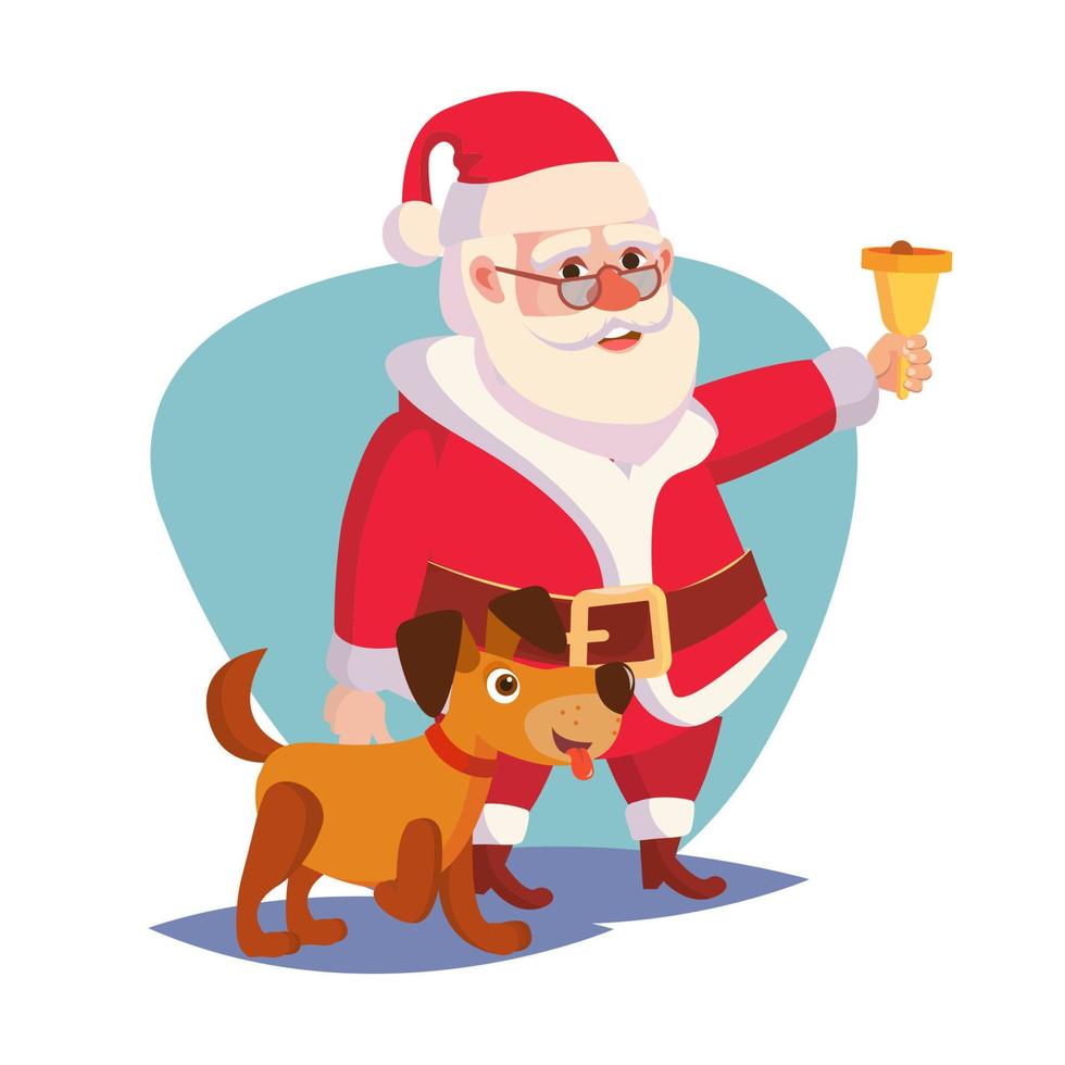 père noël et vecteur de chien heureux. sonner la cloche d'or et sourire. 2018 année du concept de chien. illustration de personnage de dessin animé santa