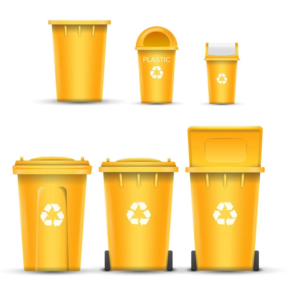 vecteur de seau de bac de recyclage jaune pour les déchets en plastique. ouvert et fermé. vue de face. signe flèche. illustration isolée