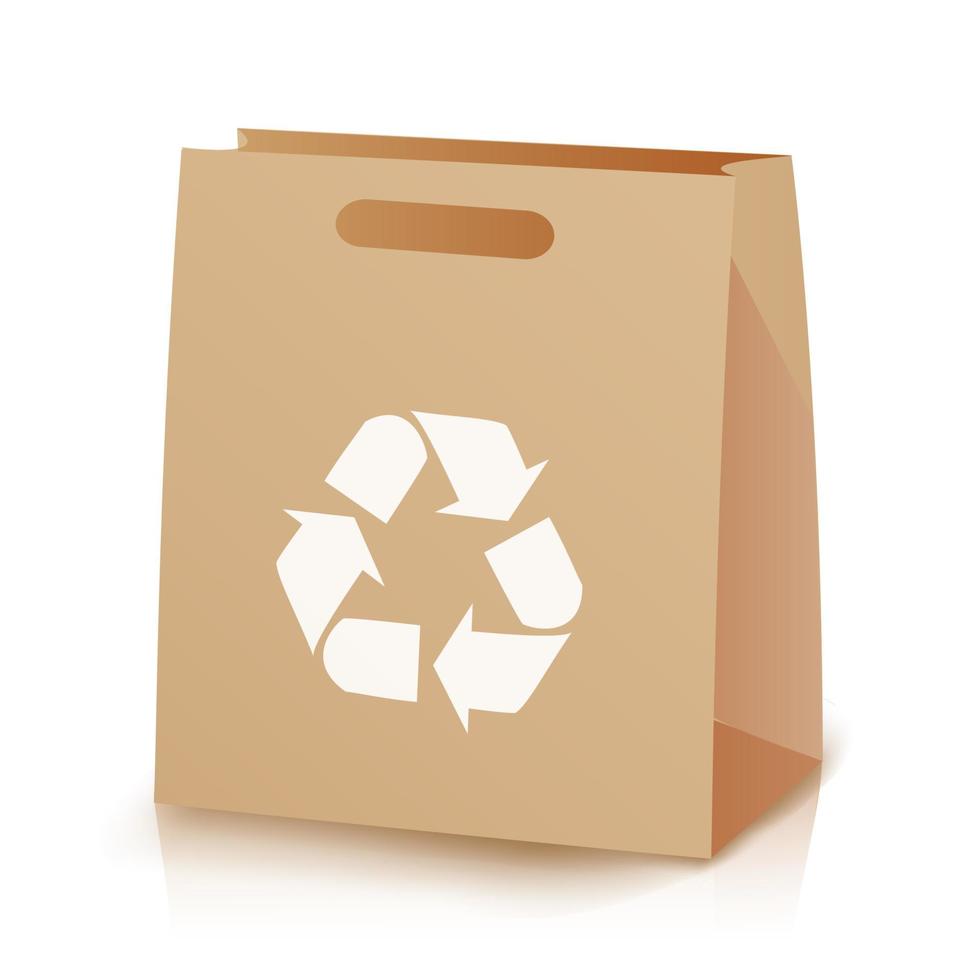 recycler le sac à provisions brun. illustration d'un sac en papier shopping marron recyclé avec poignées. symbole de recyclage. illustration isolée vecteur