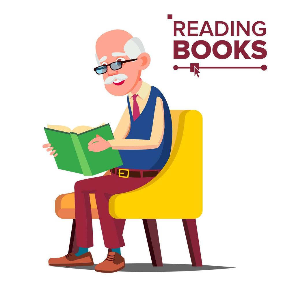 vieil homme lisant le vecteur du livre. Livre papier. assis sur une chaise. illustration de dessin animé plat isolé