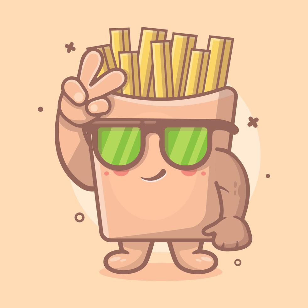 mascotte de personnage de nourriture de frites fraîches avec signe de paix geste de la main dessin animé isolé dans un style plat vecteur