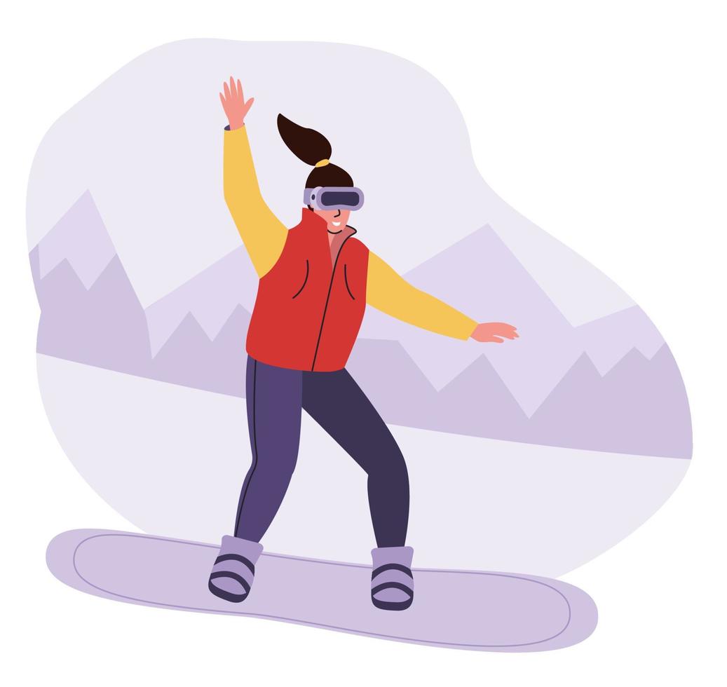 les femmes en lunettes de réalité virtuelle font du snowboard dans un simulateur. vecteur
