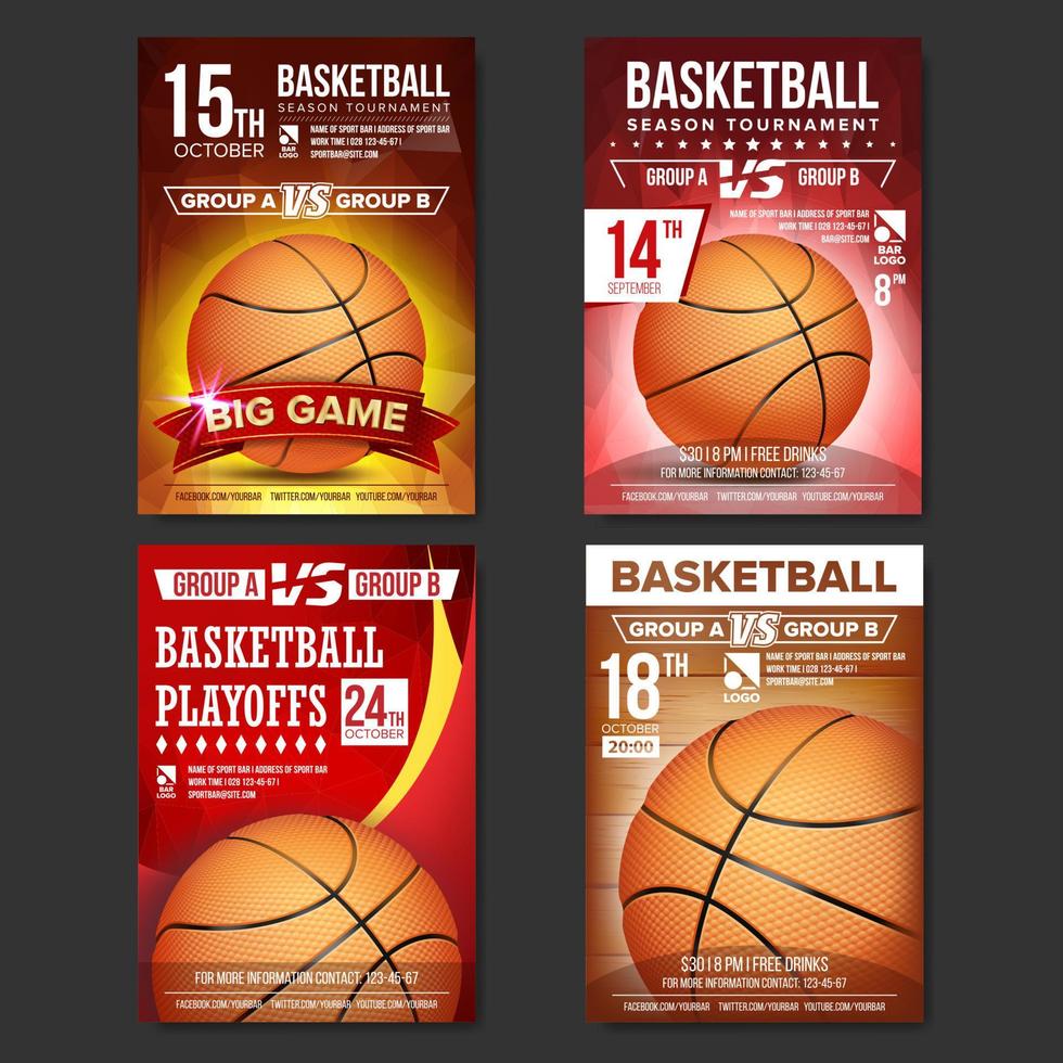 vecteur de jeu d'affiches de basket-ball. conception pour la promotion des bars sportifs. ballon de basket. tournoi moderne. annonce d'événement sportif. bannière publicitaire. illustration de modèle