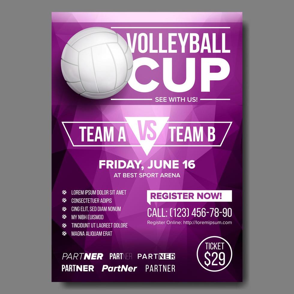 vecteur d'affiche de volley-ball. conception pour le café sportif, le pub, la promotion du bar. plage. ballon de volley-ball. tournoi moderne. étiquette de championnat format a4. volée. illustration publicitaire de modèle de bannière de jeu