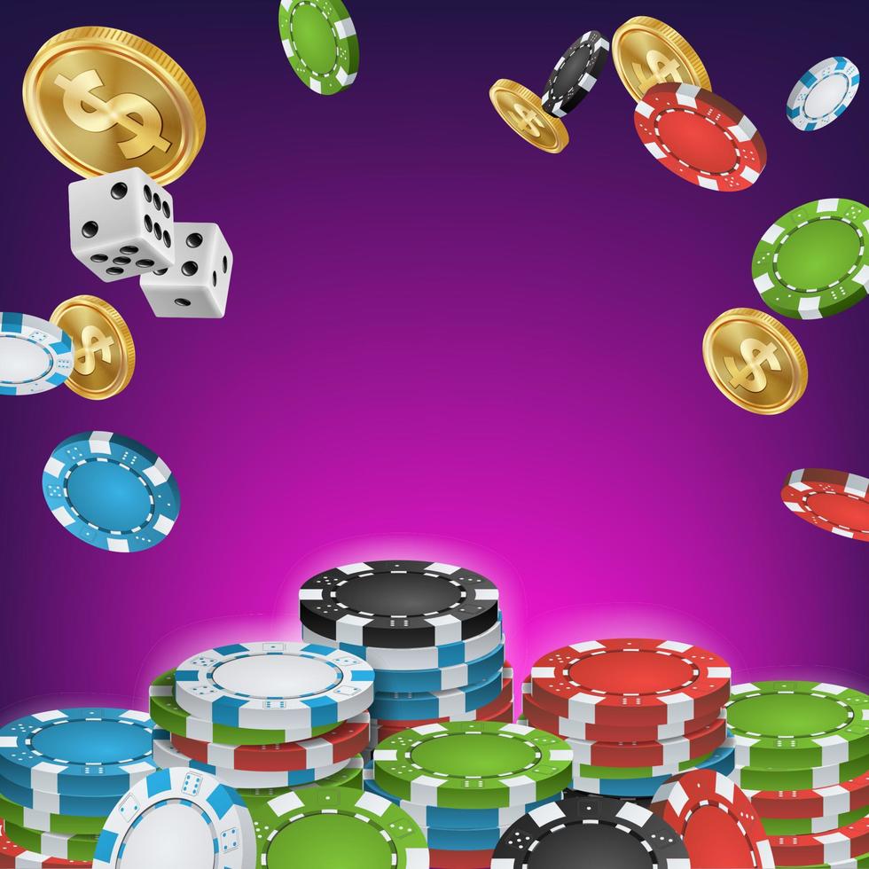 vecteur de bannière de casino. signe de bannière de casino de jeu de poker en ligne. jetons brillants, pièces en dollars. panneau d'affichage de casino jackpot, signalisation, illustration d'affiche de luxe marketing.