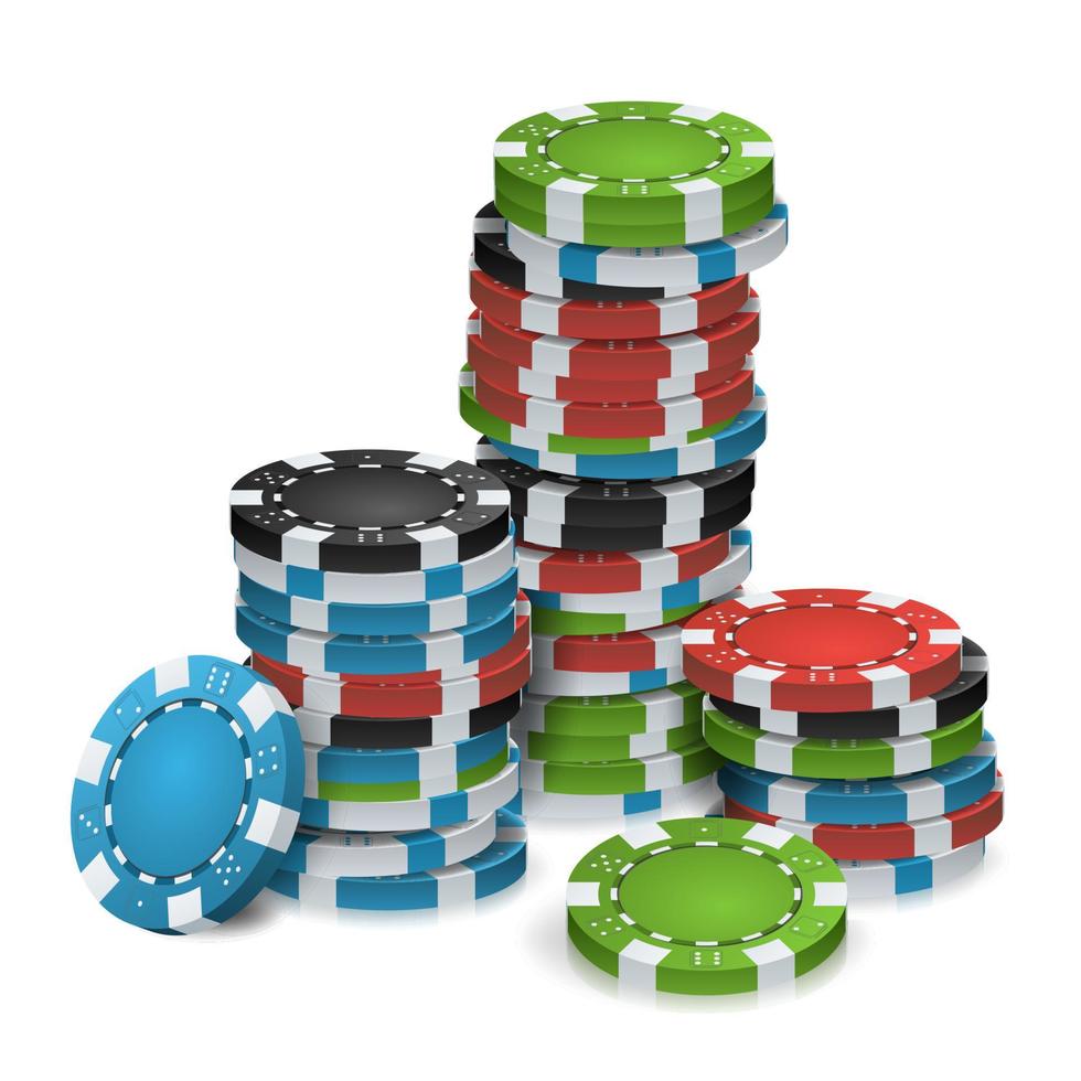 vecteur de piles de jetons de jeu. 3d réaliste. jetons de jeu de poker isolés sur fond blanc pour casino en ligne, club de jeu, poker, panneau d'affichage.