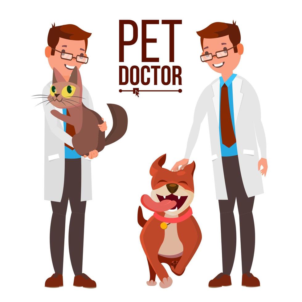 vecteur masculin vétérinaire. chien et chat. hôpital de médecine. médecin pour animaux de compagnie. concept de clinique de soins de santé. illustration de dessin animé plat isolé