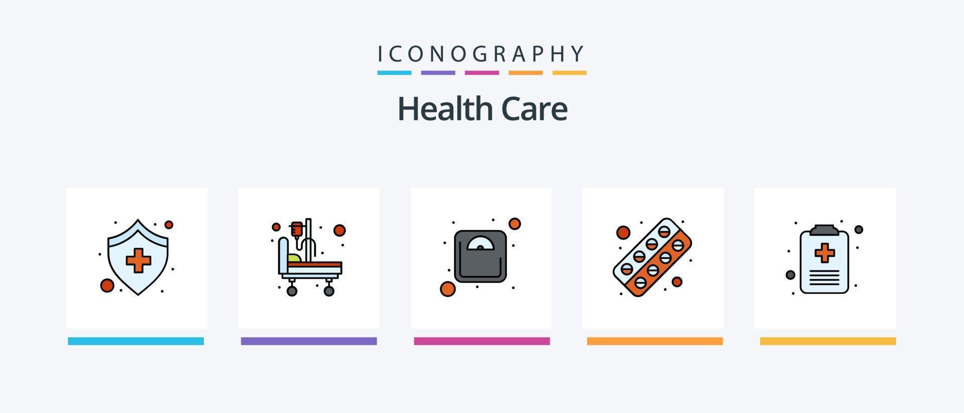 ligne de soins de santé remplie de 5 packs d'icônes, y compris médecin. diète. lit de malade. lit d'hôpital. conception d'icônes créatives vecteur