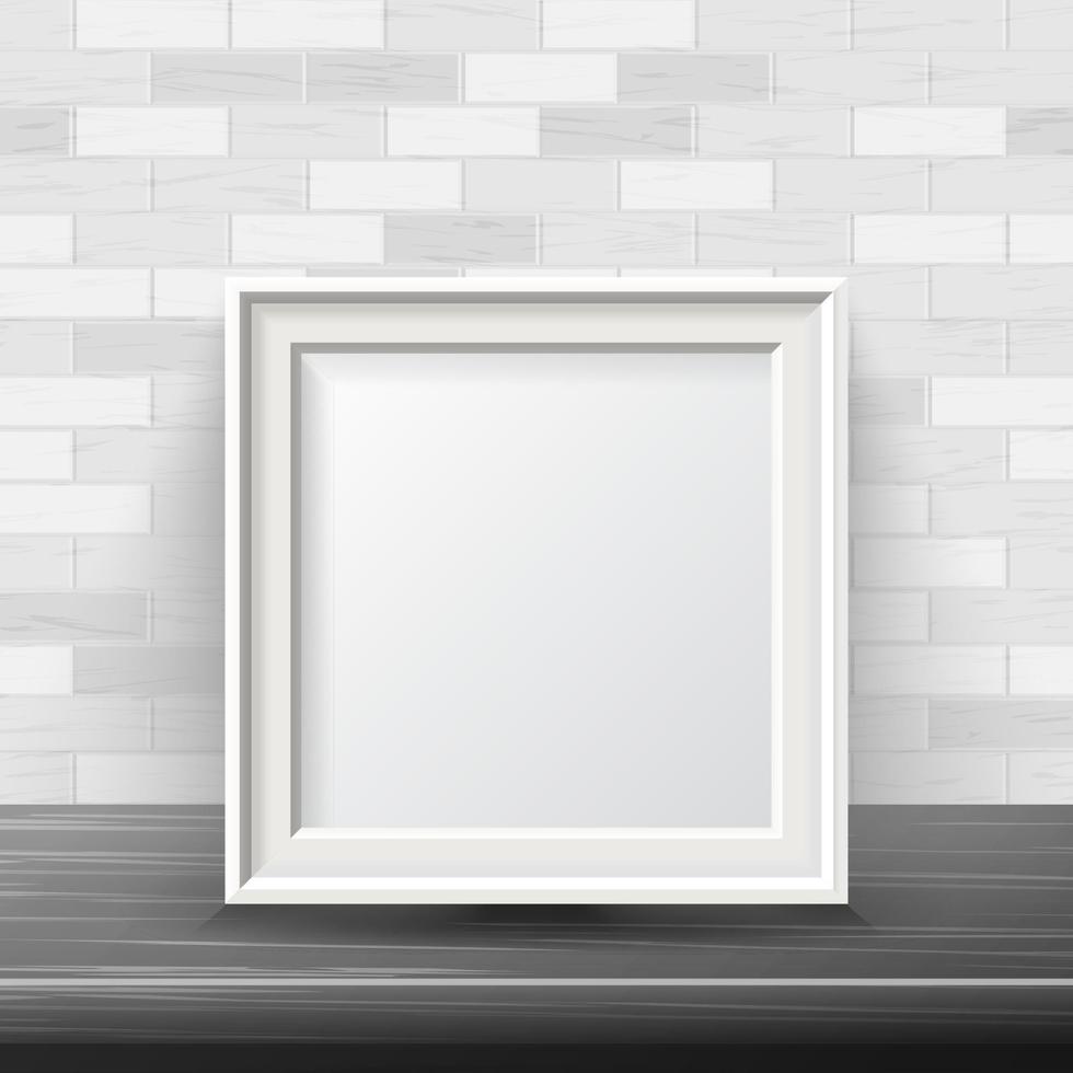 vecteur de maquette de cadre carré vertical. bon pour la conception de votre exposition. ombres réalistes. fond de mur de briques blanches. illustration de la vue de face.