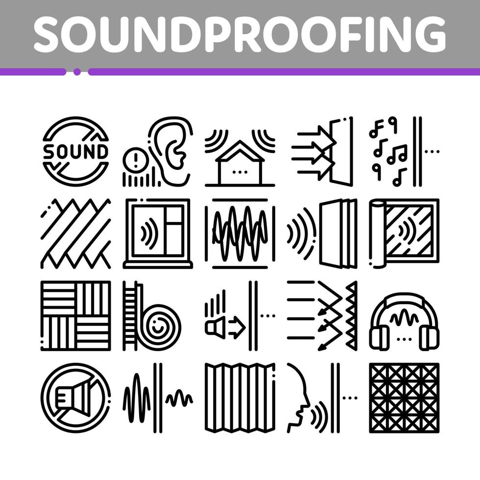 insonorisation, matériau construction, icônes, ensemble, vecteur