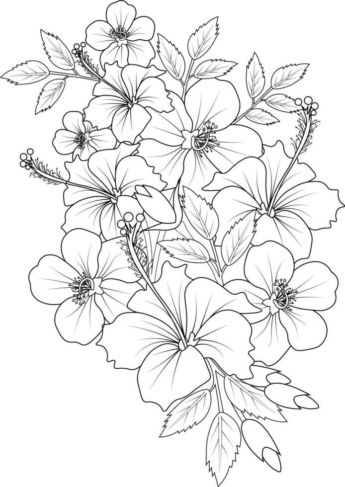 page de coloriage d'illustration de fleurs d'hibiscus, simplicité, embellissement, monochrome, art vectoriel, impression de contour avec giroflée de fleurs, feuilles et bourgeons isolés sur fond blanc. vecteur