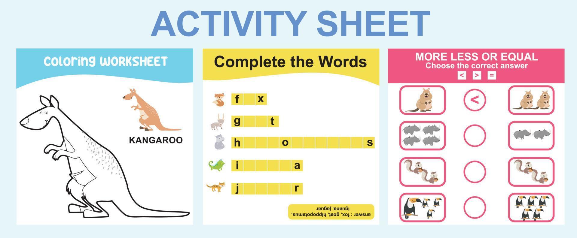 feuille de travail imprimable éducative. fiche d'activités pour enfants sur le thème des animaux. feuille de coloriage, complétez les mots, plus ou moins d'activité. fichier vectoriel. vecteur