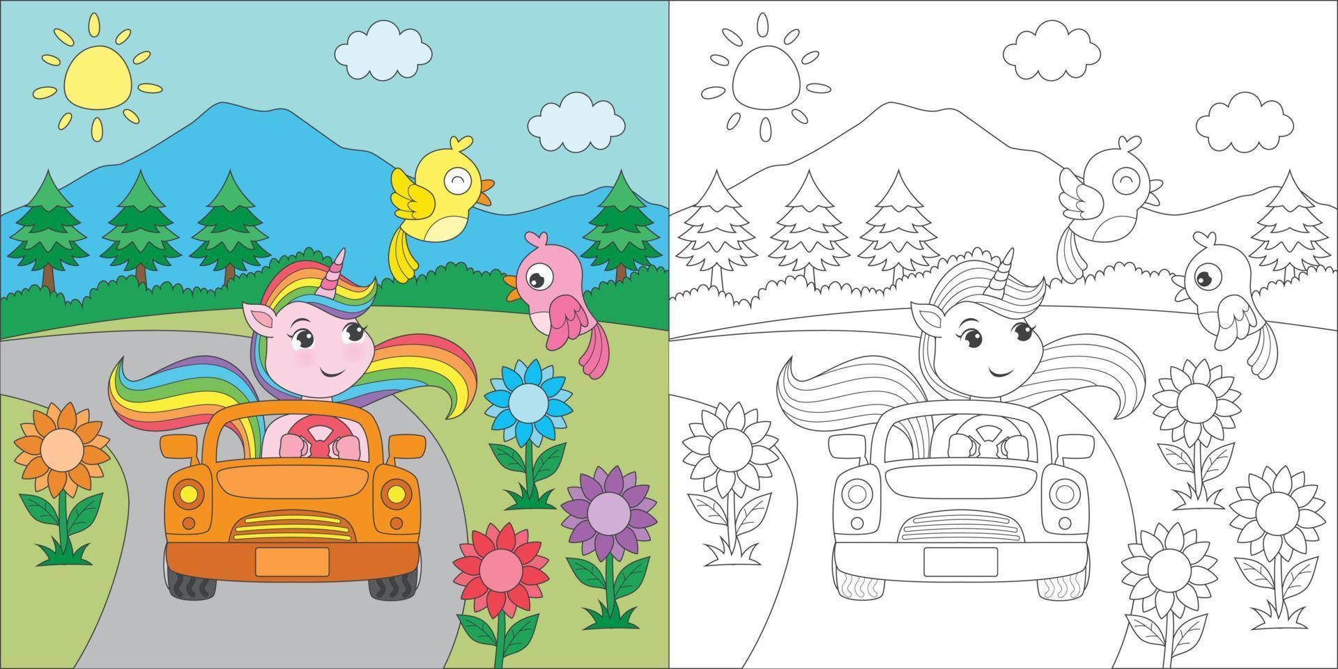 coloriage licorne conduisant une voiture vecteur