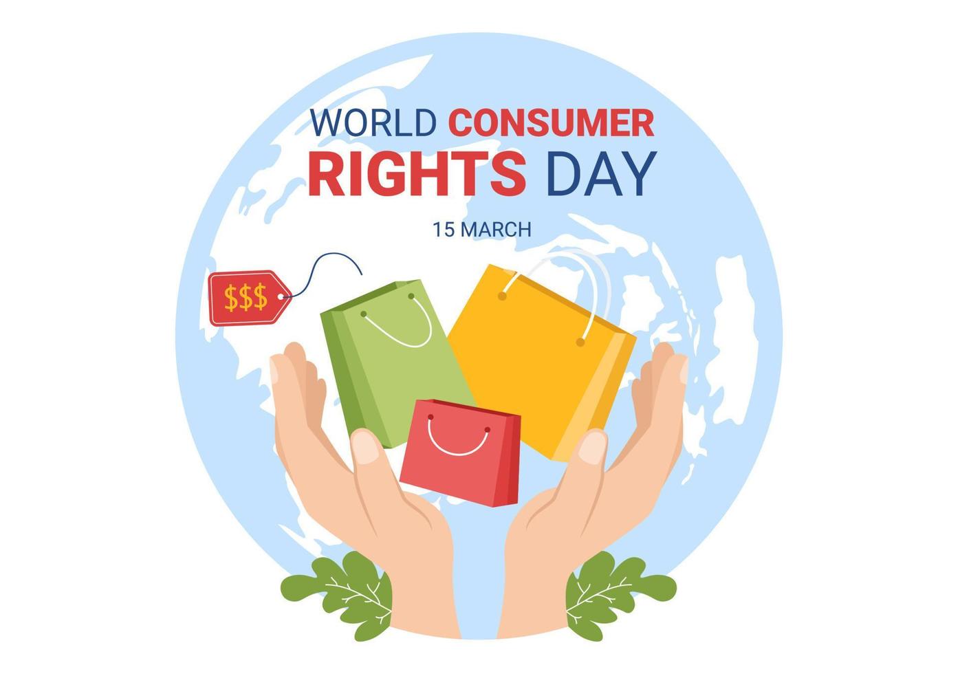 illustration de la journée mondiale des droits des consommateurs avec des achats, des sacs et des besoins des consommateurs pour une bannière web ou une page de destination dans des modèles dessinés à la main de dessin animé plat vecteur
