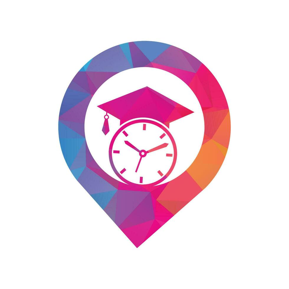 conception de logo vectoriel de concept de forme gps de temps d'étude. chapeau de graduation avec la conception d'icône d'horloge.