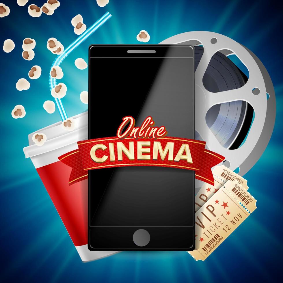 vecteur d'affiche de cinéma en ligne. concept de téléphone intelligent mobile moderne. bon pour le dépliant, la bannière, le marketing sur les réseaux sociaux. bobine de film, clap. bannière de luxe marketing, illustration de l'affiche.