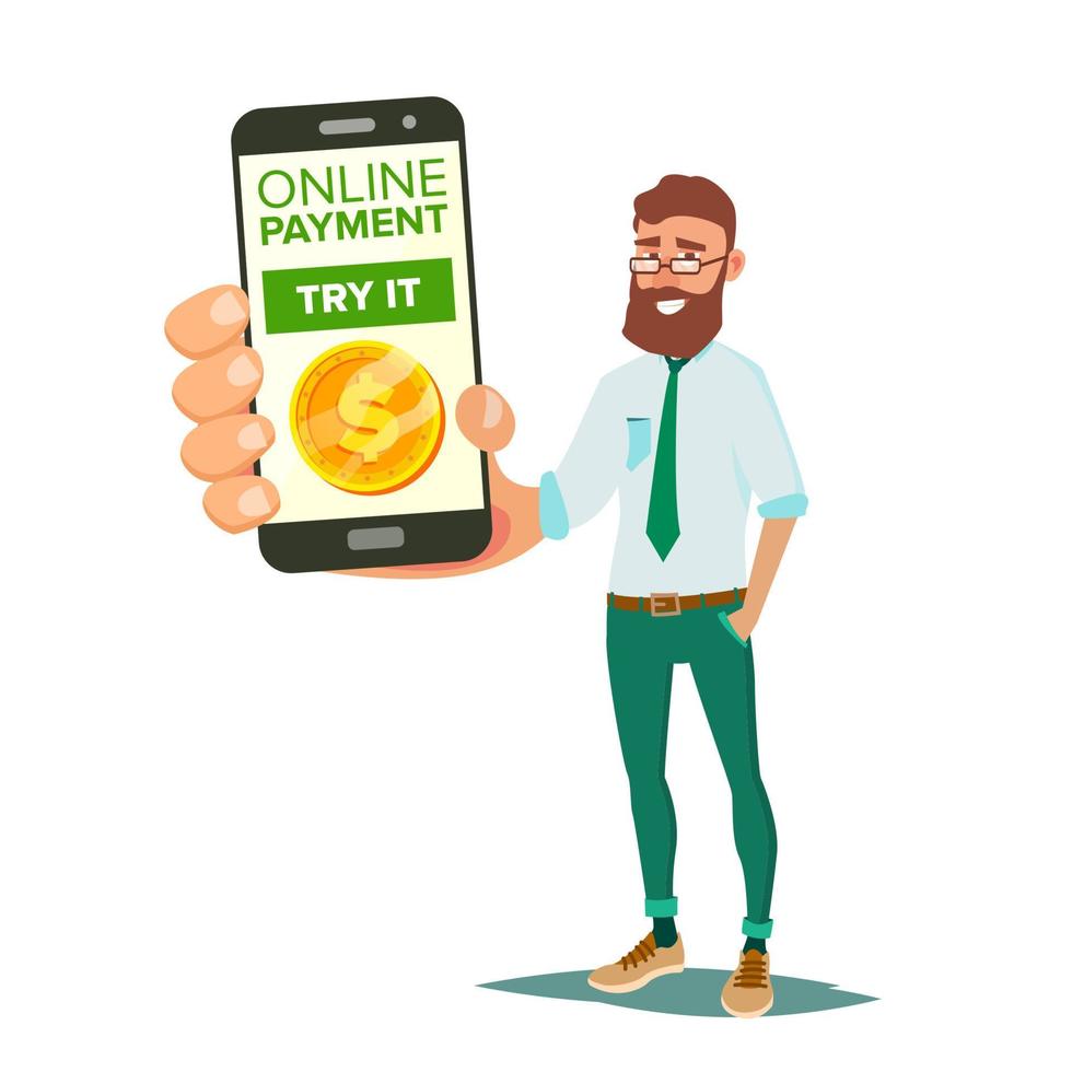 vecteur de paiement mobile en ligne. homme d'affaires souriant montrant un téléphone intelligent avec application de paiement. notion commerciale. transfert d'argent sans fil. illustration de dessin animé plat isolé