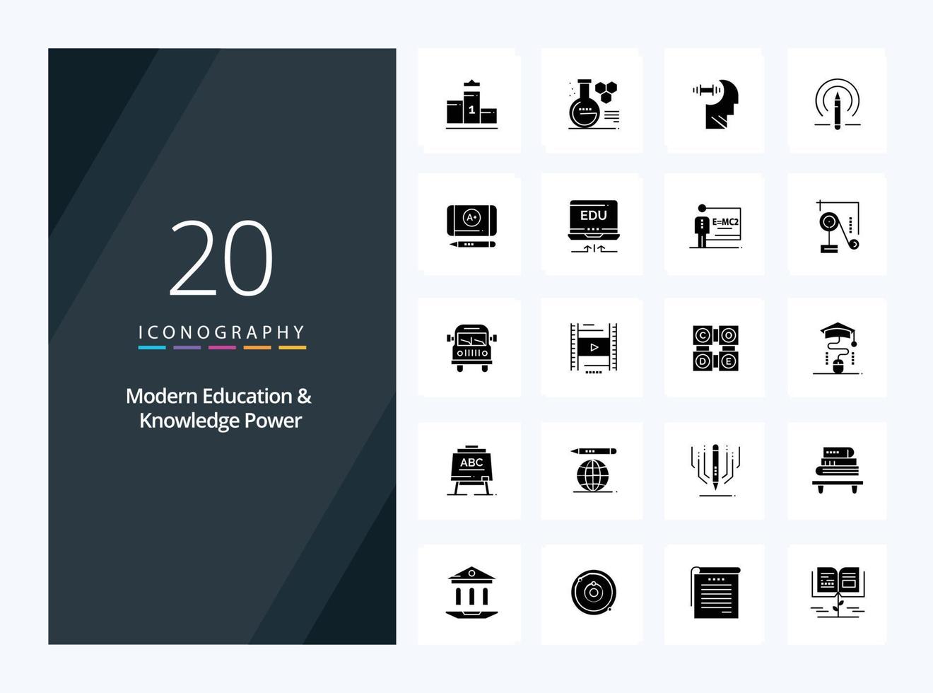 20 icône de glyphe solide de puissance d'éducation et de connaissances modernes pour la présentation vecteur