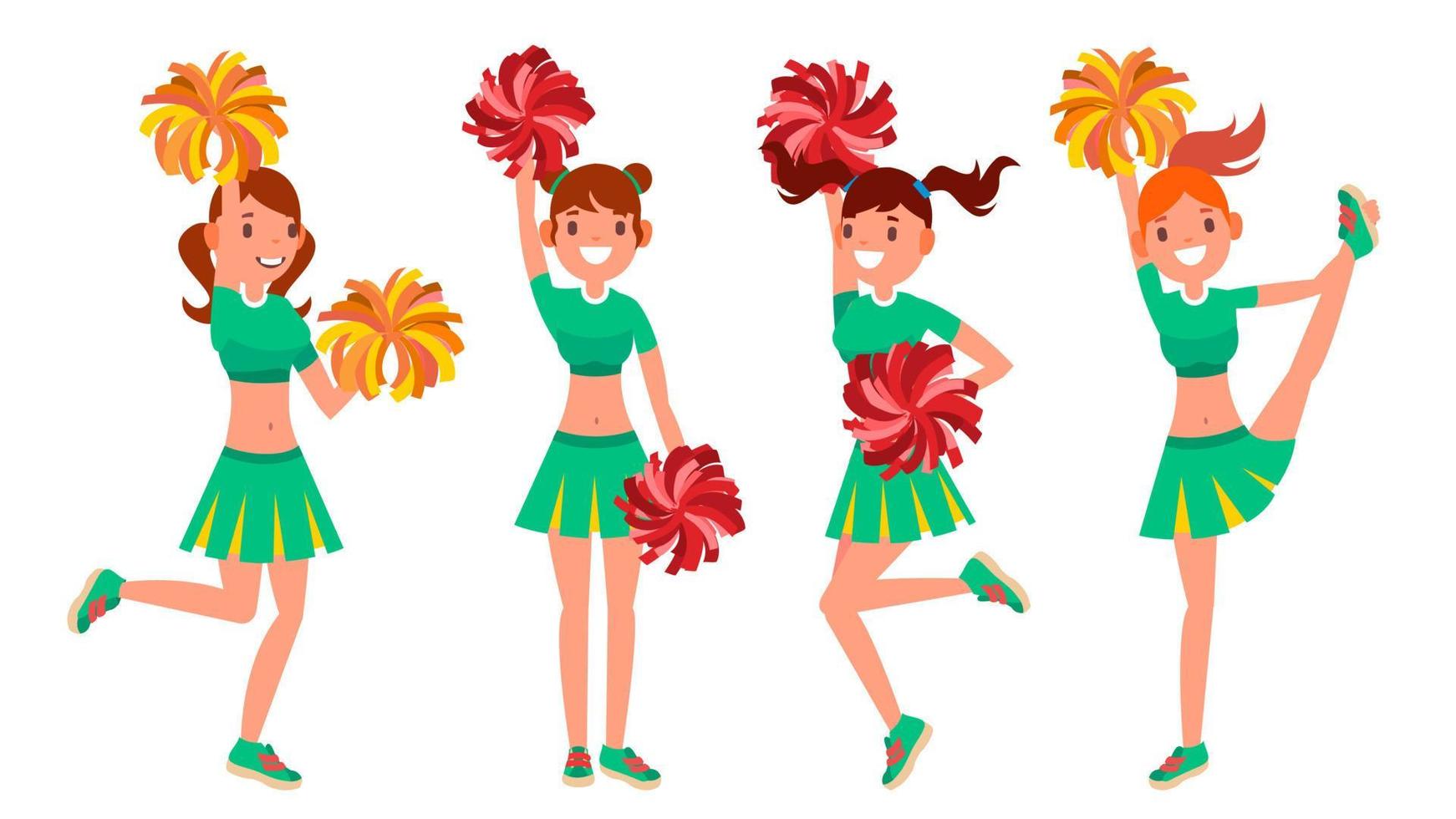 vecteur de filles de pom-pom girl. en action. uniforme de fan de sport. soutien au football féminin. illustration de personnage de dessin animé