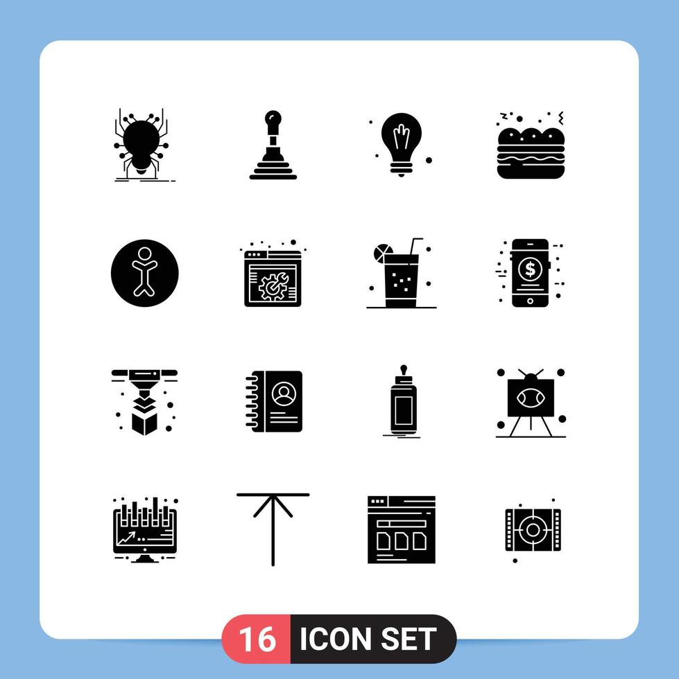 16 interface utilisateur pack de glyphes solides de signes et symboles modernes de clé ampoule humaine accessibilité restauration rapide éléments de conception vectoriels modifiables vecteur