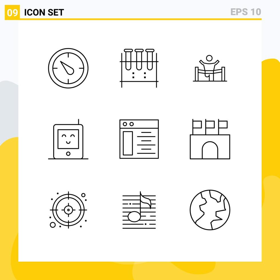 aperçu de l'interface mobile ensemble de 9 pictogrammes d'éléments de conception vectoriels modifiables de leadership de course de gagnant de bébé radio vecteur