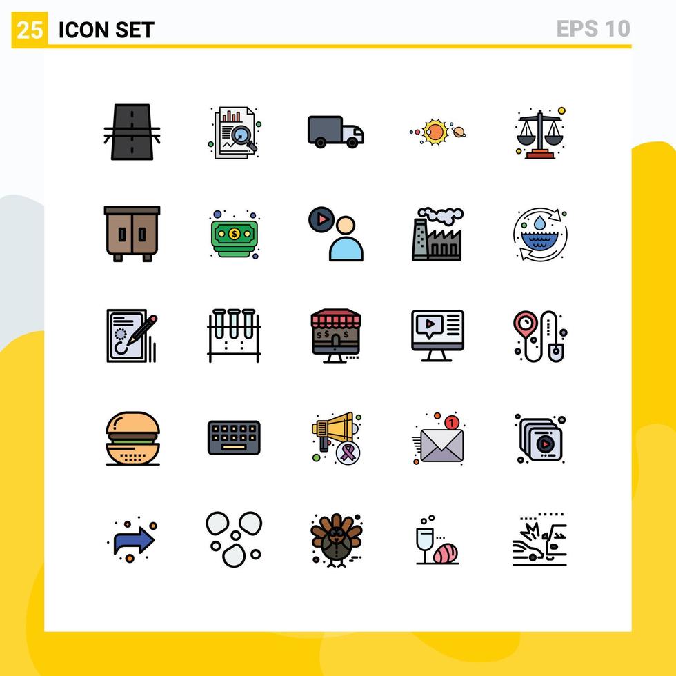 ensemble moderne de 25 pictogrammes de couleurs plates en ligne remplie d'éléments de conception vectoriels modifiables solaires de l'univers de livraison du système solaire d'équilibre vecteur