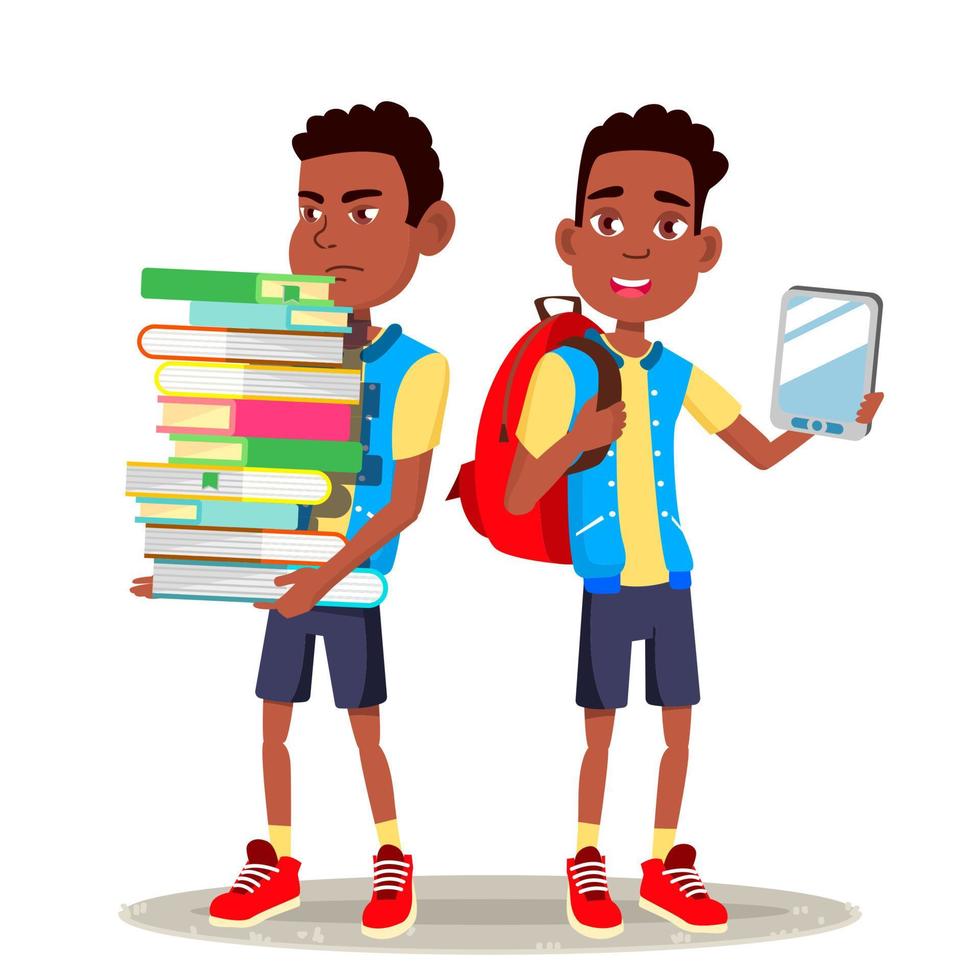 vecteur de lecteur de livre électronique. garçon, enfant afro-américain. éducation contemporaine. livre papier vs e-book. illustration de dessin animé plat isolé