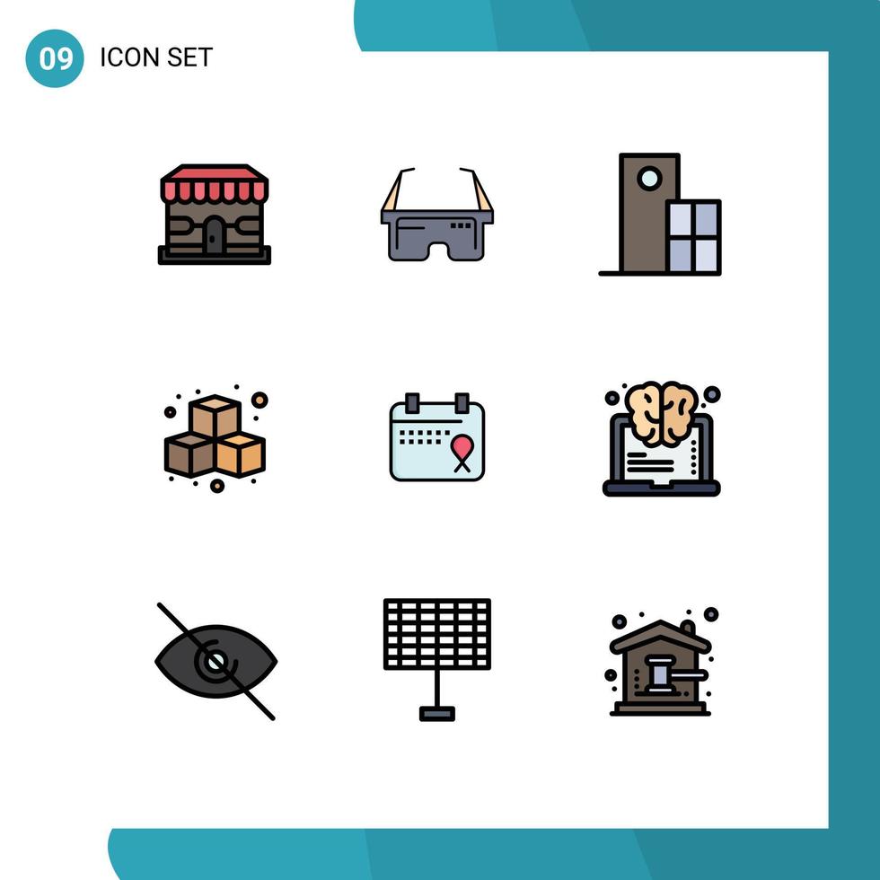 9 interface utilisateur fillline pack de couleurs plates de signes et symboles modernes de l'architecture de jeu de calendrier structure amusante éléments de conception vectoriels modifiables vecteur