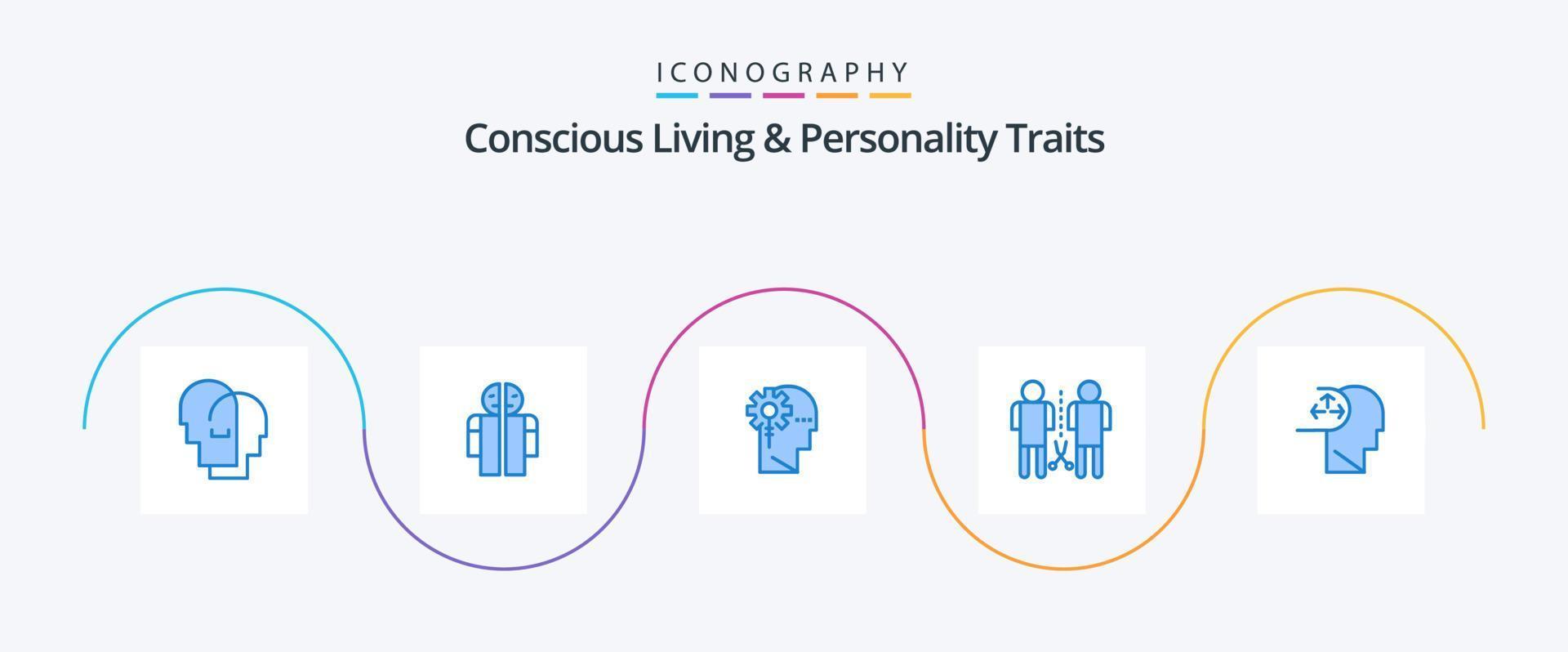 pack d'icônes bleues de 5 traits de vie et de personnalité conscients, y compris partagés. pensée. analytique. connaissances. En traitement vecteur