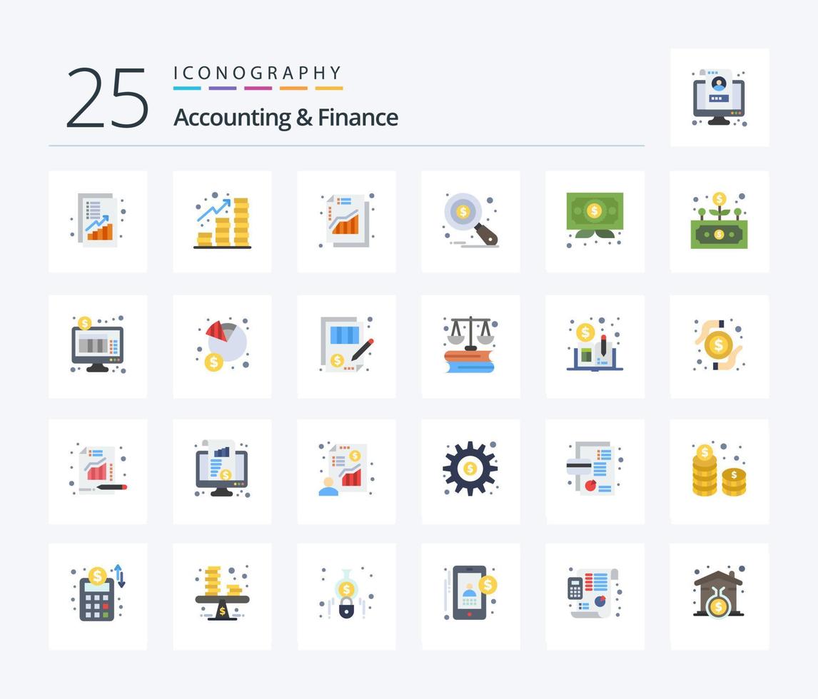 comptabilité et finance pack de 25 icônes de couleur plate, y compris les affaires. l'analyse des données. pièces de monnaie. audit. graphique vecteur